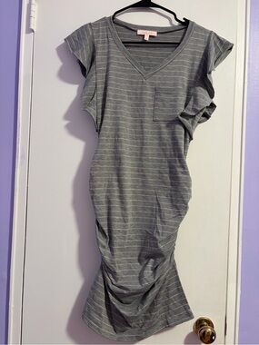 Striped Gray V-Neck Ruffle Sleeve Dress